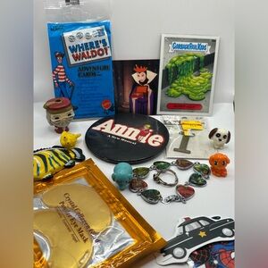Junk Drawer Lot Misc Vintage Modern Toys Cards Jewelry GPK disney Pop Culture